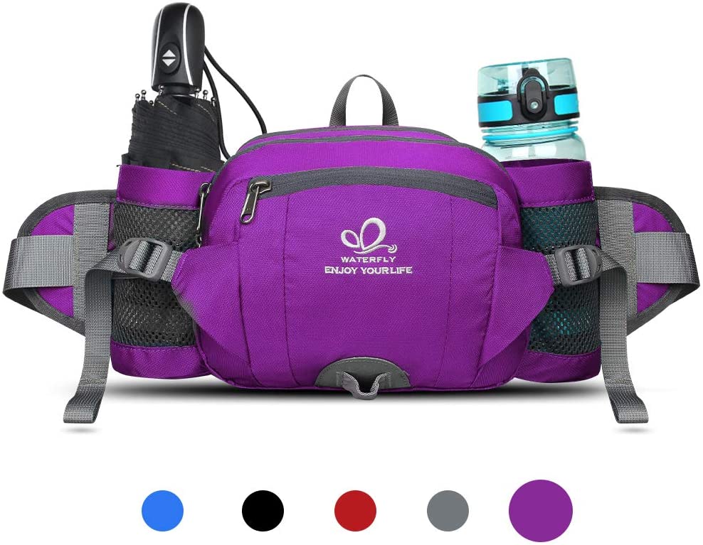 Waterfly Hiking Waist Pack Bum Bag Waist Bag with Bottle Holder Running Bag for Camping Climbing Travel Cycling and Dog Walking Purple