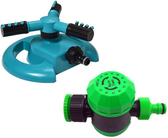 NUZAMAS 3 Arm Sprinkler And Watering Timer Set - Automatic Lawn Watering System 360 Degree Rotating Sprinkler Irrigation Controller Up to 120 Minutes
