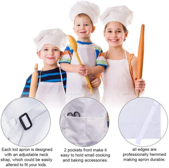 DECARETA Kids Apron and Chef Hat Set,2 Kids Chefs Apron with Pockets and 2 White Kids Chef Hat,Polyester Adjustable Children Chef Apron,Hat Cooking,Baking Painting Wear for Boys and Girls (4-12year) - Image 2