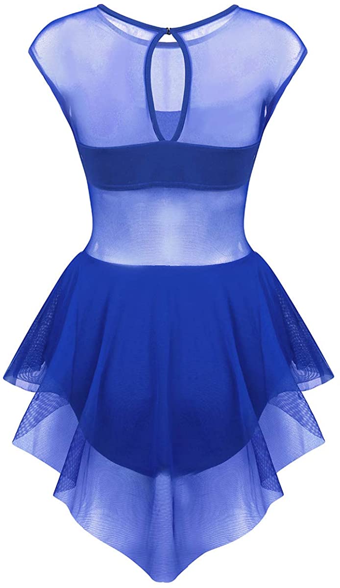 ranrann Women's Lyrical Ballet Dance Sleeveless Asymmetrical Sheer Mesh Modern Dancing Dress Blue XS - Image 4