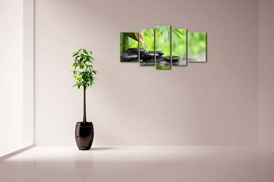 5 Panel Wall Art Green Spa Still Life With Bamboo Fountain And Zen Stone In Water Painting The Picture Print On Canvas Botanical Pictures For Home Decor Piece Stretched By Wooden Frame Ready To Hang - Image 3