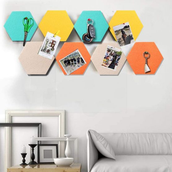 HyFanStr Coloured Hexagon Felt Board Bulletin Board, Memo Display Board Small Notice Board, Hexagon Cork Tiles to Keep Photos with 16 Push Pins, Pack of 8 - Image 3