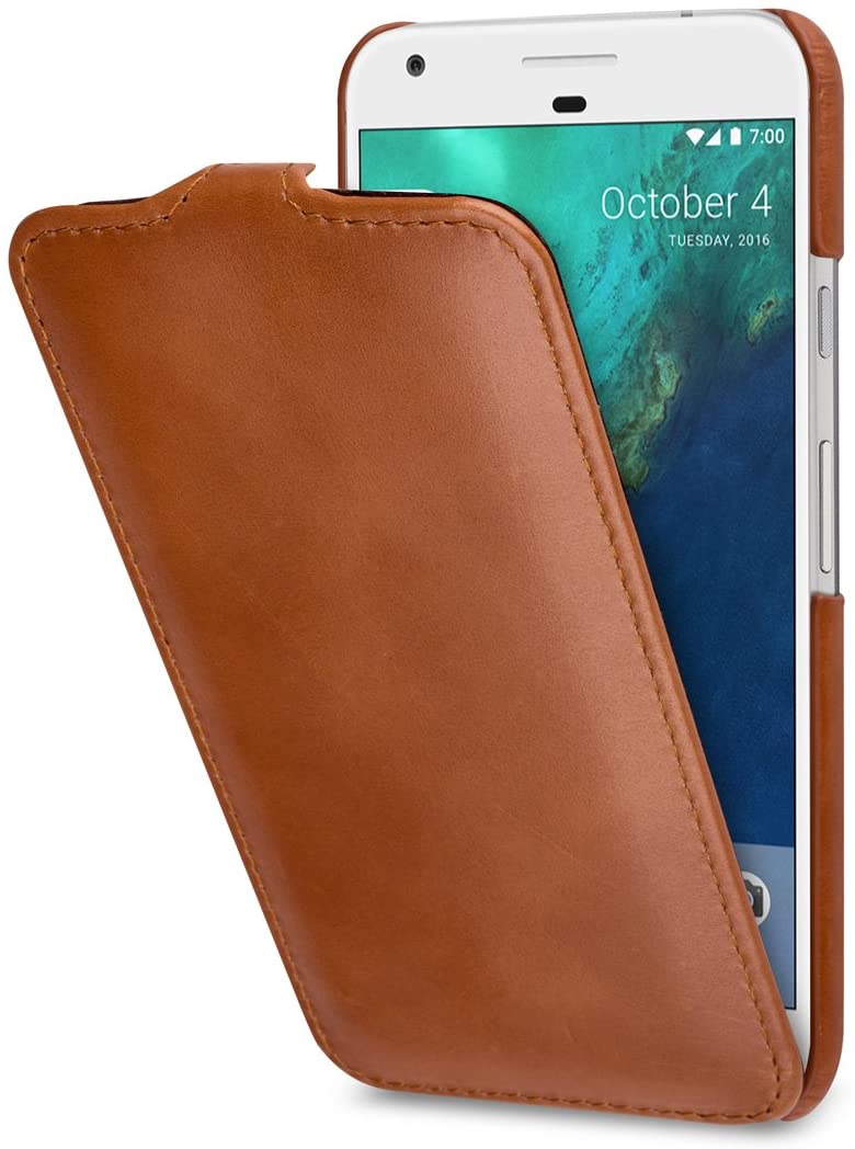StilGut Case Compatible with Google Pixel XL, Smart Sleep/Wake Function Leather Ultra Slim Case, Cognac Brown