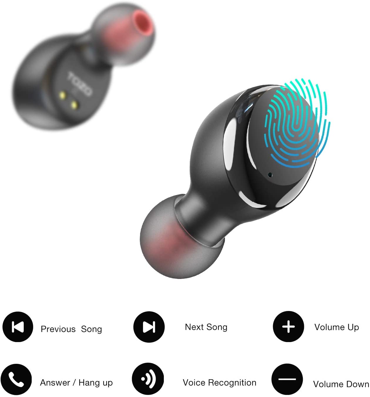 TOZO T6 True Wireless Earbuds Bluetooth Headphones Touch Control with Wireless Charging Case IPX8 Waterproof Stereo Earphones in-Ear Built-in Mic Headset Premium Deep Bass for Sport (Black) - Image 3