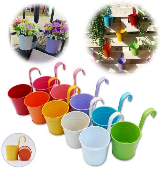 Metal Flower Pot Vase Bucket Hanging Garden Planter without Drainage Hole, Balcony Home Decor, Detachable Hook (10 Pcs with Assorted 10 Colours)