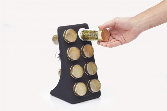 MasterClass Herb and Spice Rack Set with 8 Brass Finish Lidded Jars and Gift Box, Black Effect, 9 Piece - Image 4