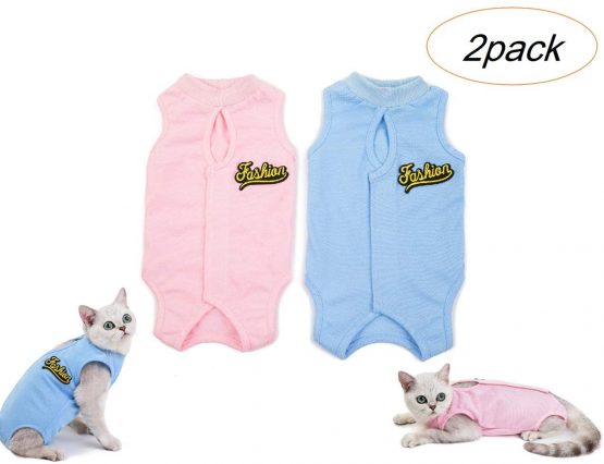 Tineer 2 Packs E-Collar Alternative for Cats- Professional Surgical Recovery Suit for Abdominal Wounds After Surgery Wear - Machine Washable - Kittens Physiological Clothes (XL, Blue + Pink)