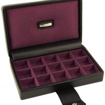 Dulwich Designs 'Park Lane' Classic Genuine Leather 15 section Cufflink Box, Executive Black with Purple Grosgrain Lining