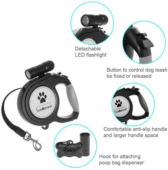 Scenereal Extendable dog lead - 26 FT Retractable Dog Lead - Heavy Duty Lead with LED Flash Light & Poop Bag Dispenser for up to 110 LB Medium Large Dogs Outdoor Walking & Training - Image 4