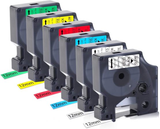 6X Compatible for DYMO D1 Label Tape 45010 45013 45016 45017 45018 45019 12mm x 7m Clear/White/Blue/Red/Yellow/Green for Dymo LabelManager 160 210D 260D 280 LabelPoint 200 250