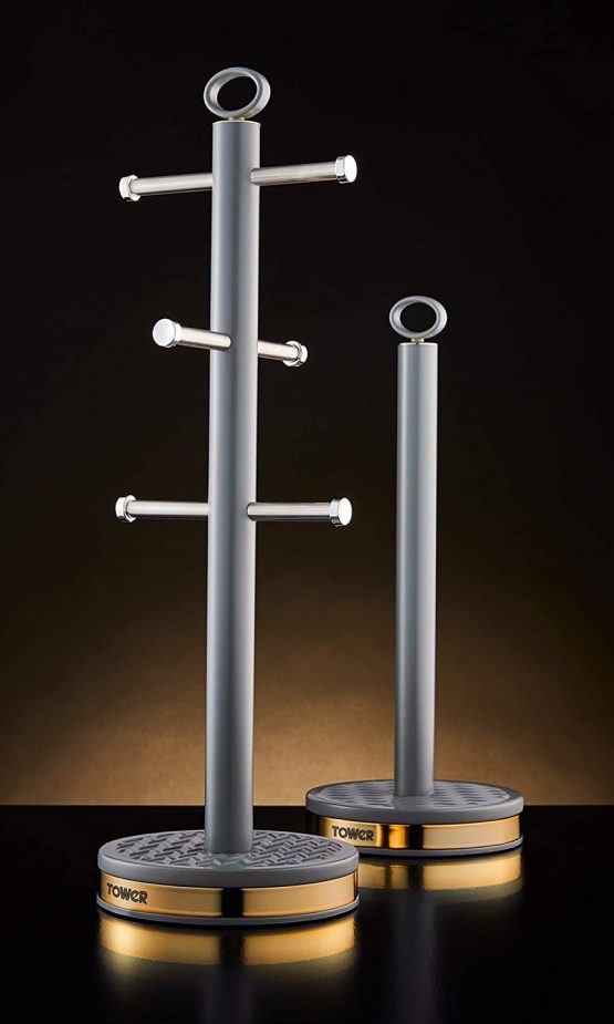 Tower T826092GRY Empire Mug Tree and Towel Pole Set, Stainless Steel, Anti-Slip, Grey and Brass - Image 2
