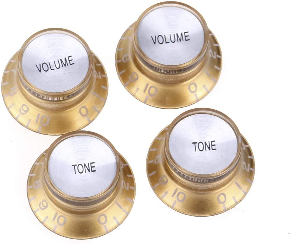 Musiclily Pro Inch Size Top Hat Bell Knobs 2 Tone 2 Volume Control Knobs for USA Les Paul SG Style Electric Guitar Gold with Silver Reflector (Set of 4)