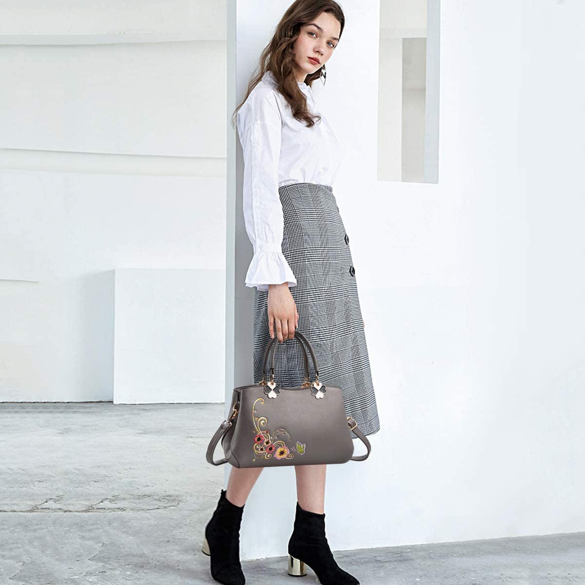 NICOLE&DORIS Women Top Handle Handbags Retro Crossbody Bag Ladies Fashion Shoulder Bag Purse Tote Embroidery Grey flower - Image 2