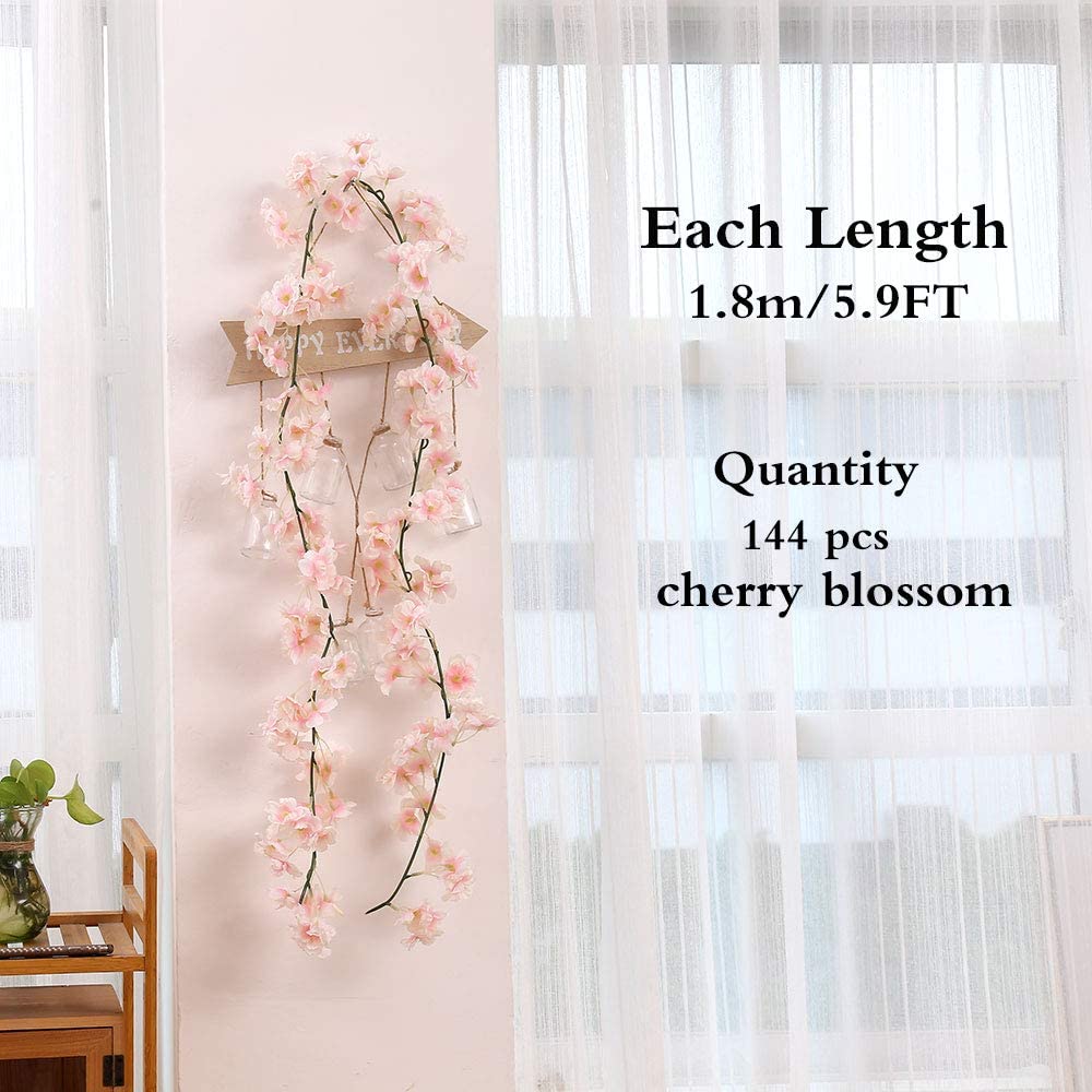 COSCHANO 4 Pack Artificial Cherry Blossom Wall Hanging Cherry Vine Silk Floral Garland Flowers String Fake Flowers Garland for Home Wedding Arch Outdoor Garden Wall Decor Party Decoration,5.9 Feet - Image 3