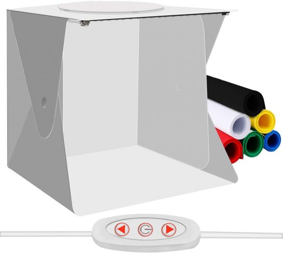 POLAMD Portable Photo Studio Mini Foldable Shooting Tent Photography Light box Kit with Top Hole, Adjustable Brightness 2 LED Lights and 6pcs Color Background (Small - 9.8 x 8.9'')