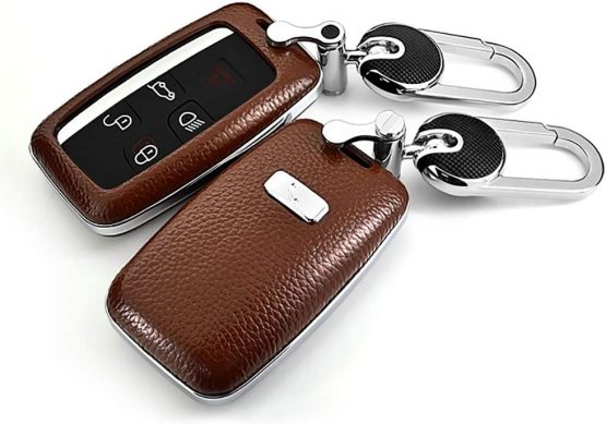 ontto for Land Rover Car Key Case Shell Genuine Leather Plastic Smart Car Key Fob Holder Protector Cover Fit for Lange Rover Defender Evoque Freelander 2 Discovery LR4 LR2 Jaguar with Keyring Brown