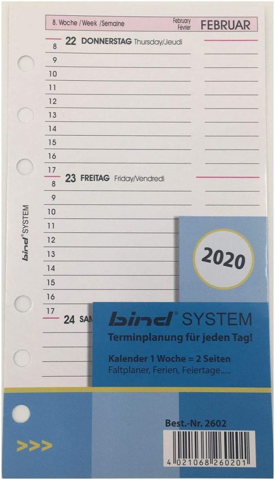 BIND B260220 – Calendar Insert for Manager Calendar A6 – Year 2020, 1 Week / 2 Pages, Diary with System