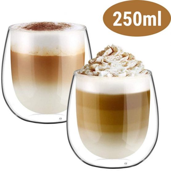 glastal 2x250ml Double Walled Coffee Glasses Mugs Cappuccino Latte Macchiato Glasses Cups for Coffee Tea Milk Juice Ice Cream Borosilicate Heat Resistant Glass Cups