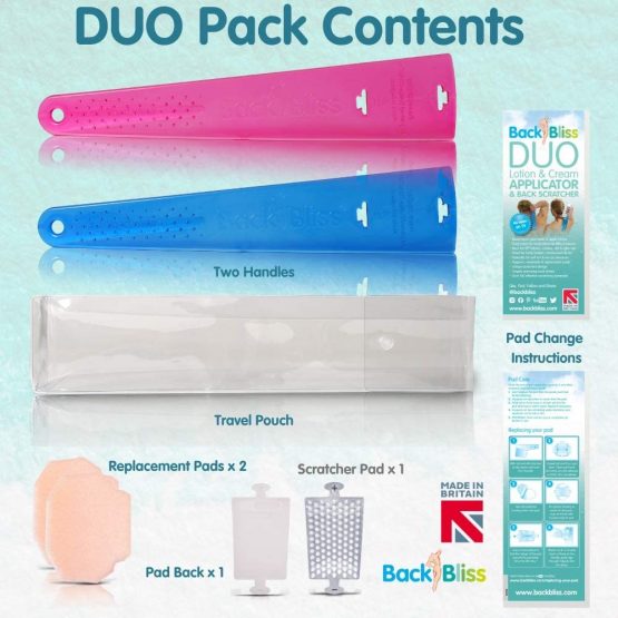 Back Lotion Applicator Easy Reach Body Cream Applier & Back Scratcher for Men and Women - BackBliss Pamper Pack for Body Exfoliation and Body Skin Moisturizer. Made in Britain - Set of Two Pink/Blue - Image 3