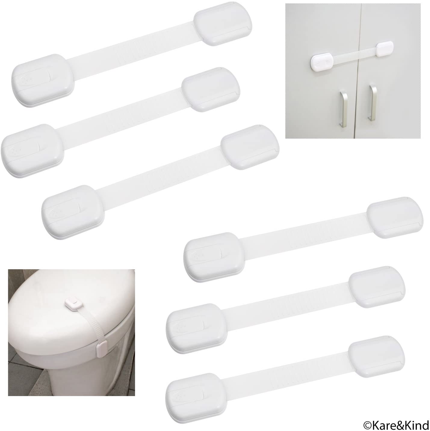 Child Safety Locks (White), Set of 6, Prevents Injury and Opening (Oven) Doors, (Kitchen Sink) Cabinets, Toilet Seats, etc