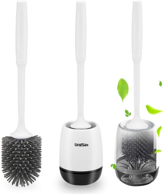 Braoses Toilet Brush and Holder Flooring/Wallmounted Silicone Toilet Brush Holder Set Toilet Cleaning Brush & Quick Drying Holder Kit for Bathroom (Black)