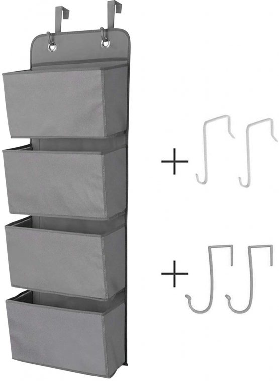 ManGotree Over The Door Storage Organizer,Hanging Storage, Wardrobe Storage Organizer, 4 Pockets Door Hanging Closet Storage with 2 Hooks, Foldable (Dark Grey)