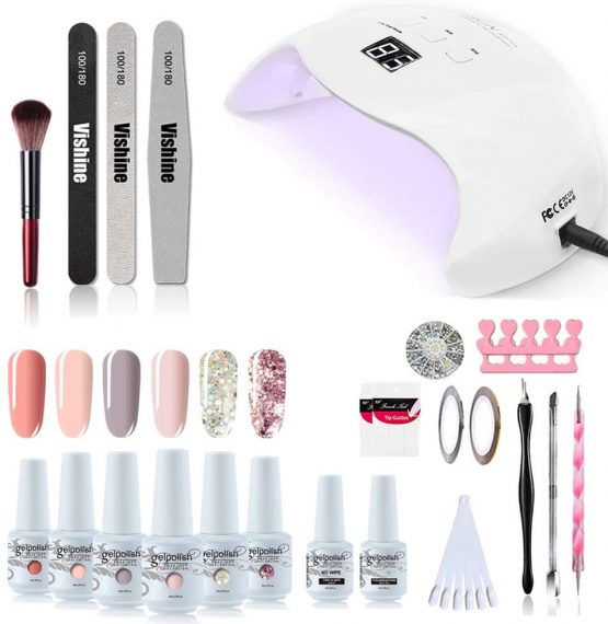 Vishine UV LED Nail Lamp Gel Polish Kit, 40W Gel Nail LED UV Light Base Top Coat 6 Gel Colors Professional Nail Art Manicure Tools