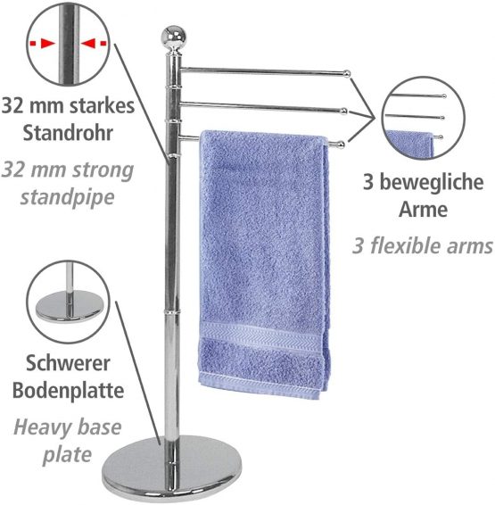 Wenko Exclusive Towel and Clothes Stand Chrome-3 Flexible arms, Steel, Silver Shiny, 28.5 x 48.5 x 90 cm - Image 2