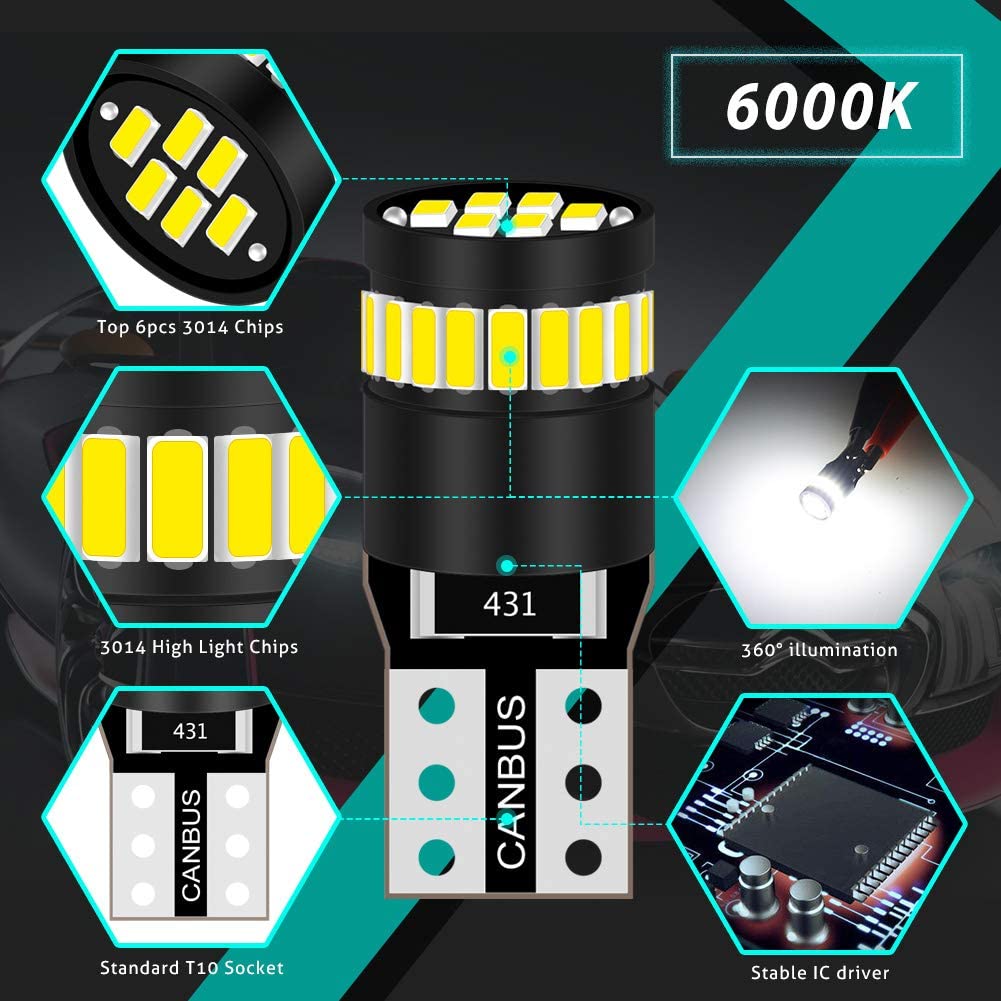 KATUR 194 LED Light Bulb 6000K White Super Bright 168 2825 W5W T10 Wedge 24-SMD 3014 Chipsets LED Replacement Bulbs CANBUS Error Free for Car Dome Map Door Courtesy License Plate Lights (10pcs,White) - Image 3