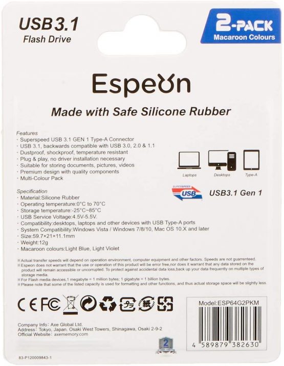 Espeon 2-Pack 64GB USB 3.1 Flash Drive, Macaroon colours - Light Blue, Light Violet - Image 3
