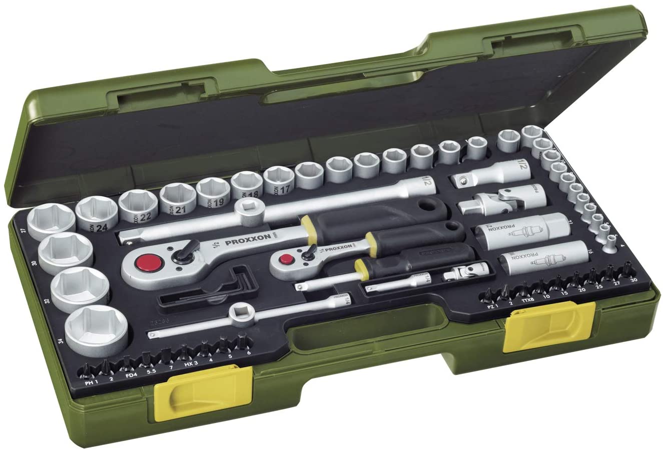 Proxxon 23286 Socket Set, 0 V, Multi-Colour, 1/4-1/2-Inch, Set of 65 Piece