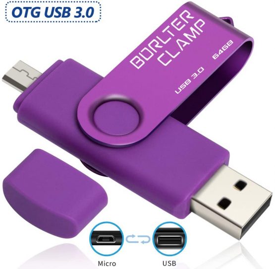 BorlterClamp 64GB Dual USB 3.0 Flash Drive OTG Memory Stick, Thumb Drive with Micro USB Drive Port for Android Smartphone Tablet & Computer (Purple)