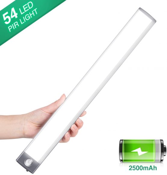 Motion Sensor Wardrobe Light, LED Closet Light USB Rechargeable 2500mAh Cupboard Lights 54 LED Wireless Under Cabinet Lighting Stick-on Kitchen Stairs Hallway, 2 Sensor Mode (Motion, Motion & Light)