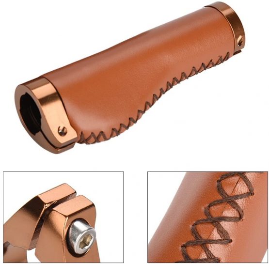 Alomejor Bicycle Handle Grips Ergonomic Design Bicycle Handlebar Grips Widen Holding Surface Leather Bike Grips For Mountain Road MTB Bike (Brown) - Image 4