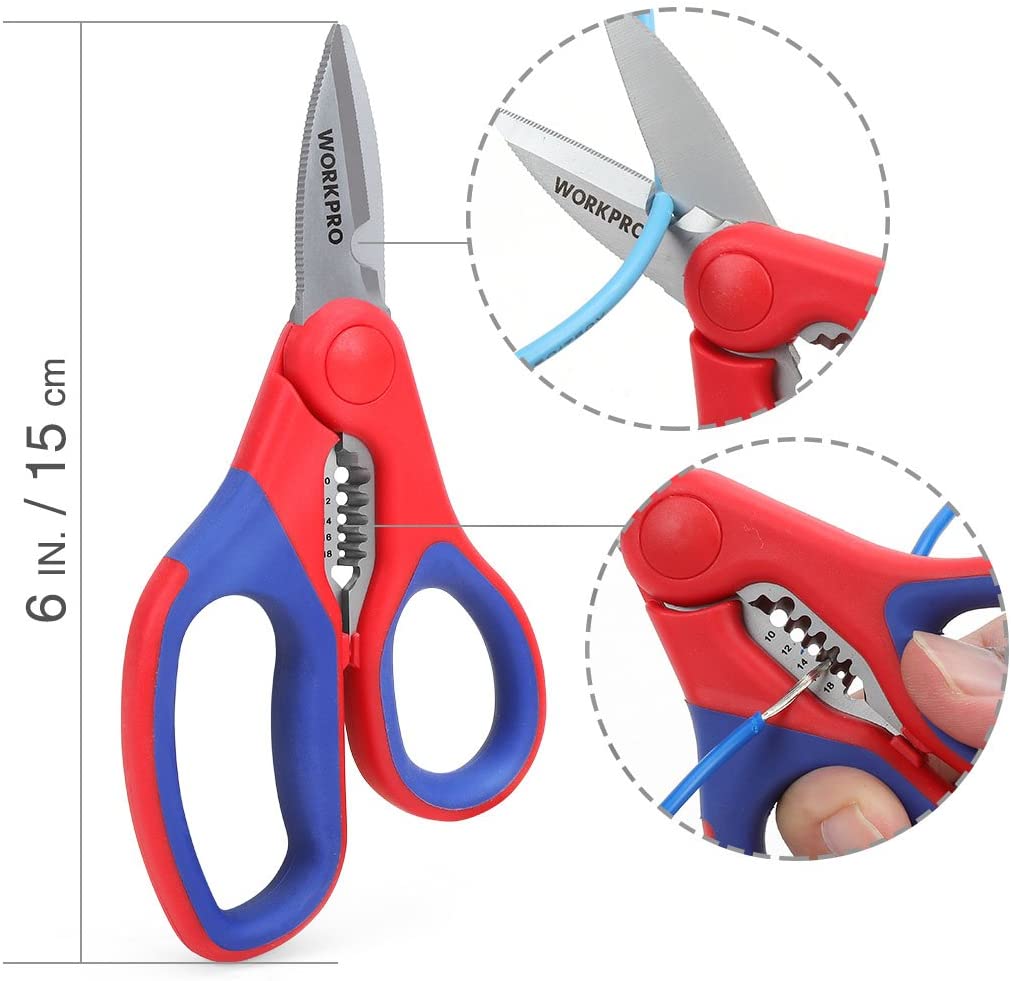 WORKPRO 150 mm Electricians Scissors, 2-in-1 Wire Cutter Stripper, Multi-Function Shears, Bi-Material Soft Handle - Image 2