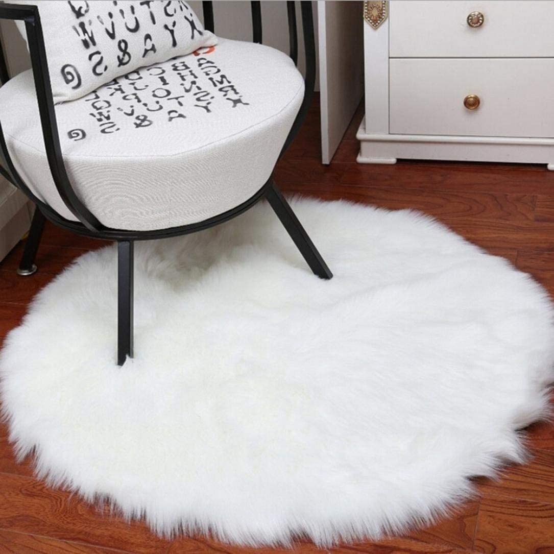 HEQUN Circular Faux Fur Sheepskin Style Rug Faux Fleece Chair Cover Seat Pad Soft Fluffy Shaggy Area Rugs For Bedroom Sofa Floor (White, 90 X 90 CM) - Image 4