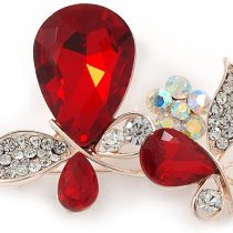 Avalaya Clear Crystal, Ruby Red Glass Stone Double Butterfly Brooch in Gold Plating - 50mm Across