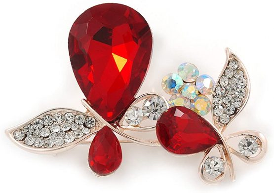 Avalaya Clear Crystal, Ruby Red Glass Stone Double Butterfly Brooch in Gold Plating - 50mm Across