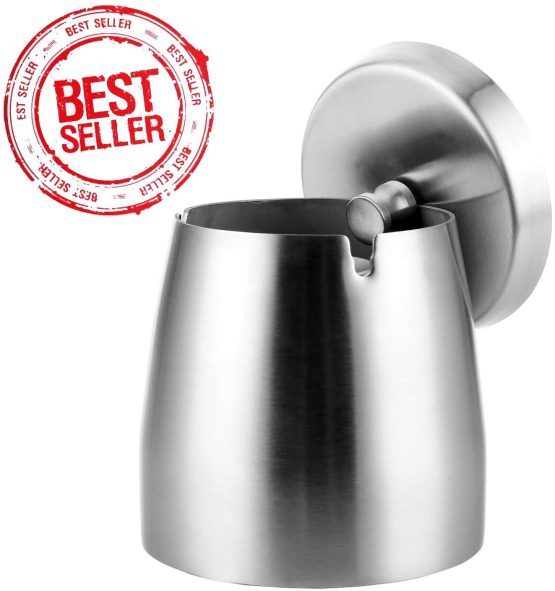 Portable Stainless Steel Ashtray with Lid,Windproof Stainless Steel Large Ashtray,Tabletop Ashtray Non-Slip,outdoor ashtrays garden with lid,Unbreakable Cigarette Ash Holder (10x10.5x8.3 CM, Silver)