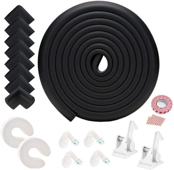 Baby Corner Guards, Fairy Baby 17Pcs Baby Proofing Kit Child Safety 1 Edge Protection 19.68 ft + 8 Corner Protectors +2 Cabinet Latch Locks + 4 Cabinet Strap Locks+ 2 Door Stopper Guards(Black)