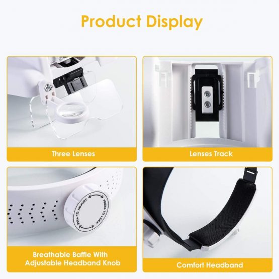 Lighted Head Magnifier With Detachable LEDs, Handsfree Reading Head Mounted Magnifying Visor Headset Helmet Magnifier Loupe for Close Work/Sewing/Crafts/Reading/Repair/Jewelry Making (1X to 14X) - Image 3