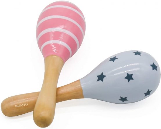PREMYO Baby Rattle Maracas - Wooden Musical Instruments for Toddlers - Newborn Sensory Toys - Stripes Stars Grey Rose - Image 3