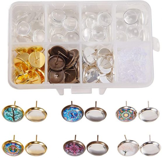 SUNNYCLUE 1 Box DIY 30 Pairs 3 Color Cabochon Stud Earrings Making Starter Kit 60pcs Stud Ear Cabochon Setting Post Cup Blank Tray Base Fit 12mm Clear Glass Cabochons Plastic Earring Earnuts