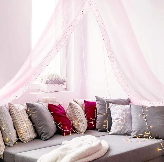 Princess Bed Canopy - Beautiful Silver Sequined Childrens Bed Canopy in Pink - single bed - Image 4