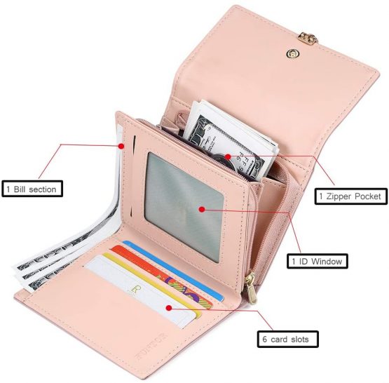 FT FUNTOR PU Leather Wallet for Women RFID-Blocking, Ladies Bifold Leaf Pendant Coin Zipper Small Purse with 5 Card Slots and 1 ID Window Card Holder Organizer (Grey) - Image 2