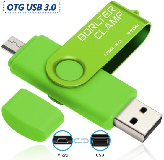 BorlterClamp 32GB Dual USB 3.0 Flash Drive OTG Memory Stick, Thumb Drive with Micro USB Drive Port for Android Smartphone Tablet & Computer (Green)