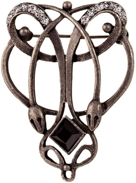 Antique-Silver Plated Art Nouveau Style Pin Enamel Crystals Brass Brooch