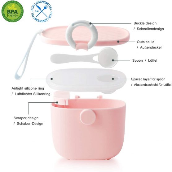 Milk Powder Dispenser, Termichy Formula Dispenser, 500ml Airtight Portable Milk Powder Container for Travel Feeding, with Leveler and Spoon(1 pc, Pink) - Image 2