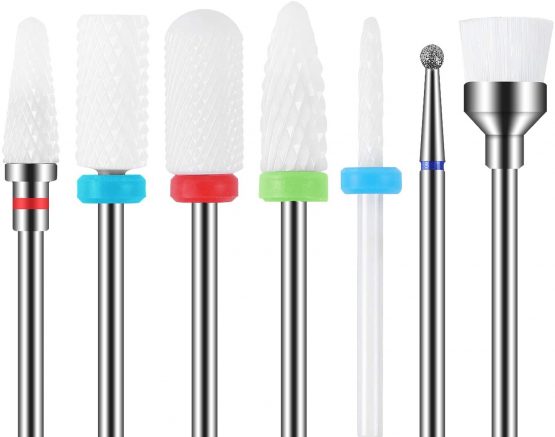 MAQUITA 7 Pieces Ceramic Nail Mill Bits Professional Remove Gel Acrylic Cuticle Diamond Tungsten Carbide Nail Drill Tools for Manicure Pedicure Home Use Great Gift (White)