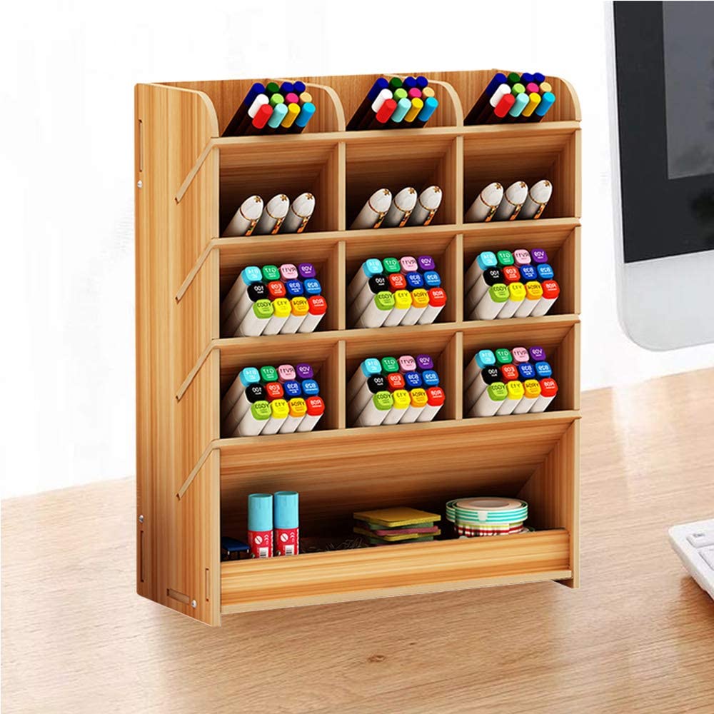 Hggzeg Wooden Pen Holder Storage Box, Multifunctional Desk Organiser Desk Tidy Pen Holder for Home Office and School (Cherry Color) - Image 3